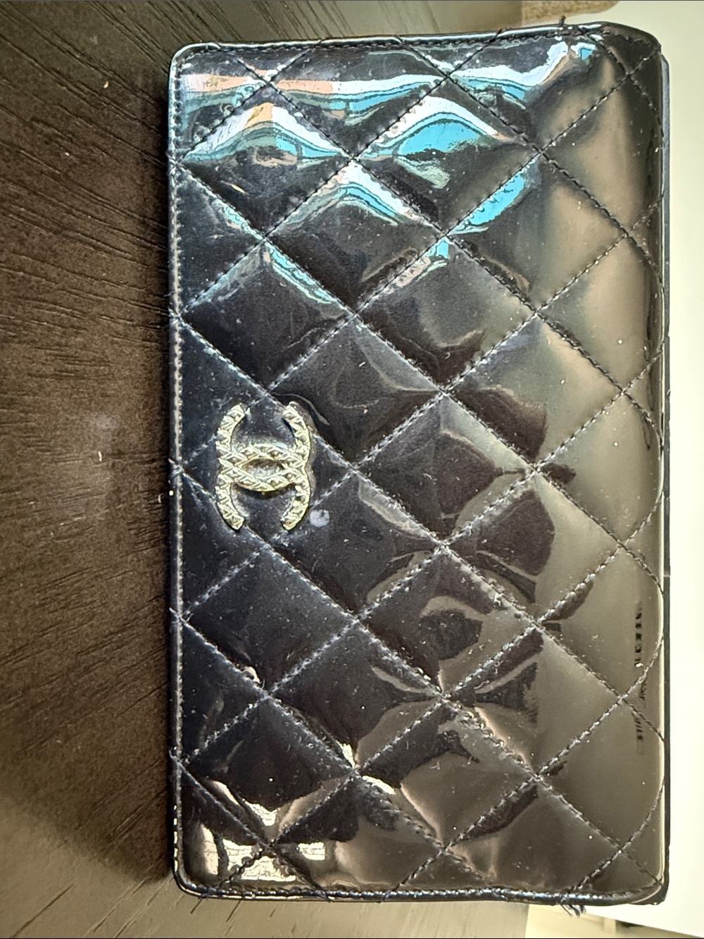 CHANEL Authentic New Black Quilted Patent Leather Long Wallet with Silver Logo